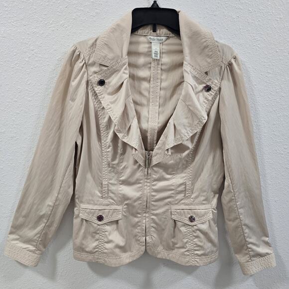 White House Black Market Beige Ruffle Zip Jacket Size 12 Lightweight Chic - Picture 3 of 13